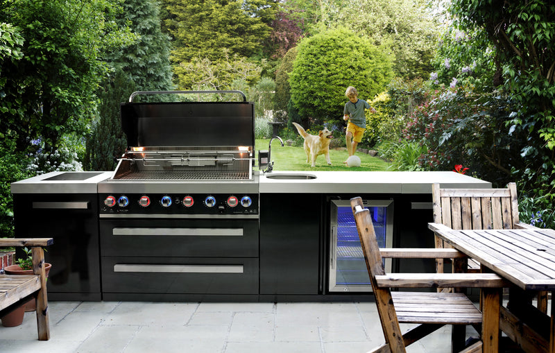 Mont Alpi 805 Black Stainless Steel Island with Beverage Center - 6-Burner Grill, 2 Infrared Burners, Sink, Fridge MAi805-BSSBEV
