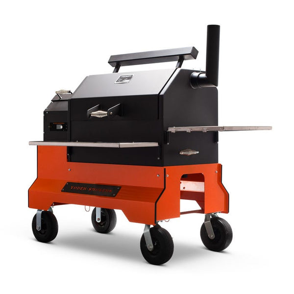 Yoder YS640s Orange Competition Cart Pellet Grill with Stainless Steel Shelves